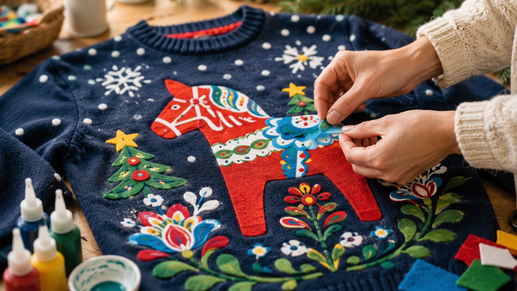 A person crafting a custom Dala horse design on a navy blue holiday sweater with felt decorations.