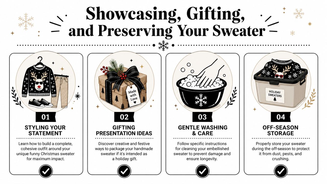 An infographic showing four steps for styling, gifting, washing, and storing funny Christmas sweaters for the holidays.