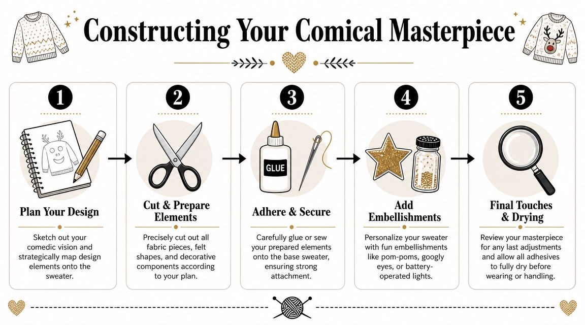 A five-step infographic showing how to create a DIY funny Christmas sweater with craft supplies.