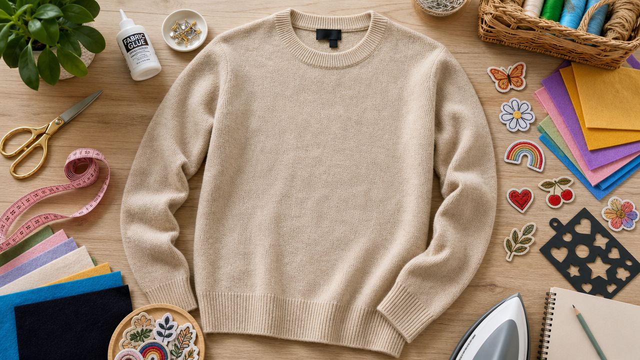 A beige sweater surrounded by DIY crafting supplies including felt patches, fabric glue, and sewing tools.