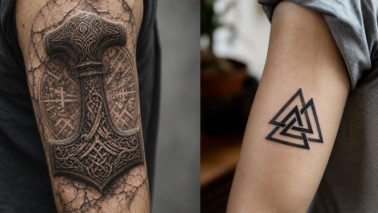 A composite image displaying a detailed Norse Mjolnir tattoo on the left and a minimalist Valknut symbol on the right.