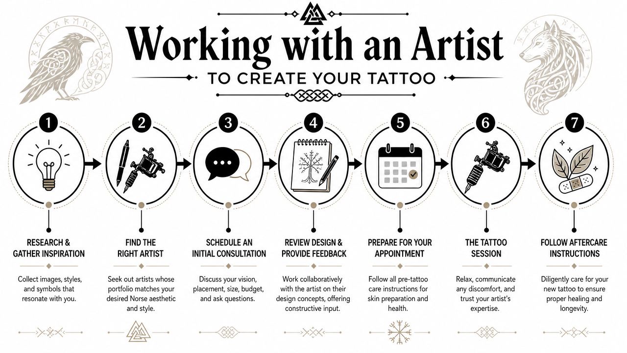 A seven-step guide illustration showing the process of working with an artist for a Norse mythology tattoo.