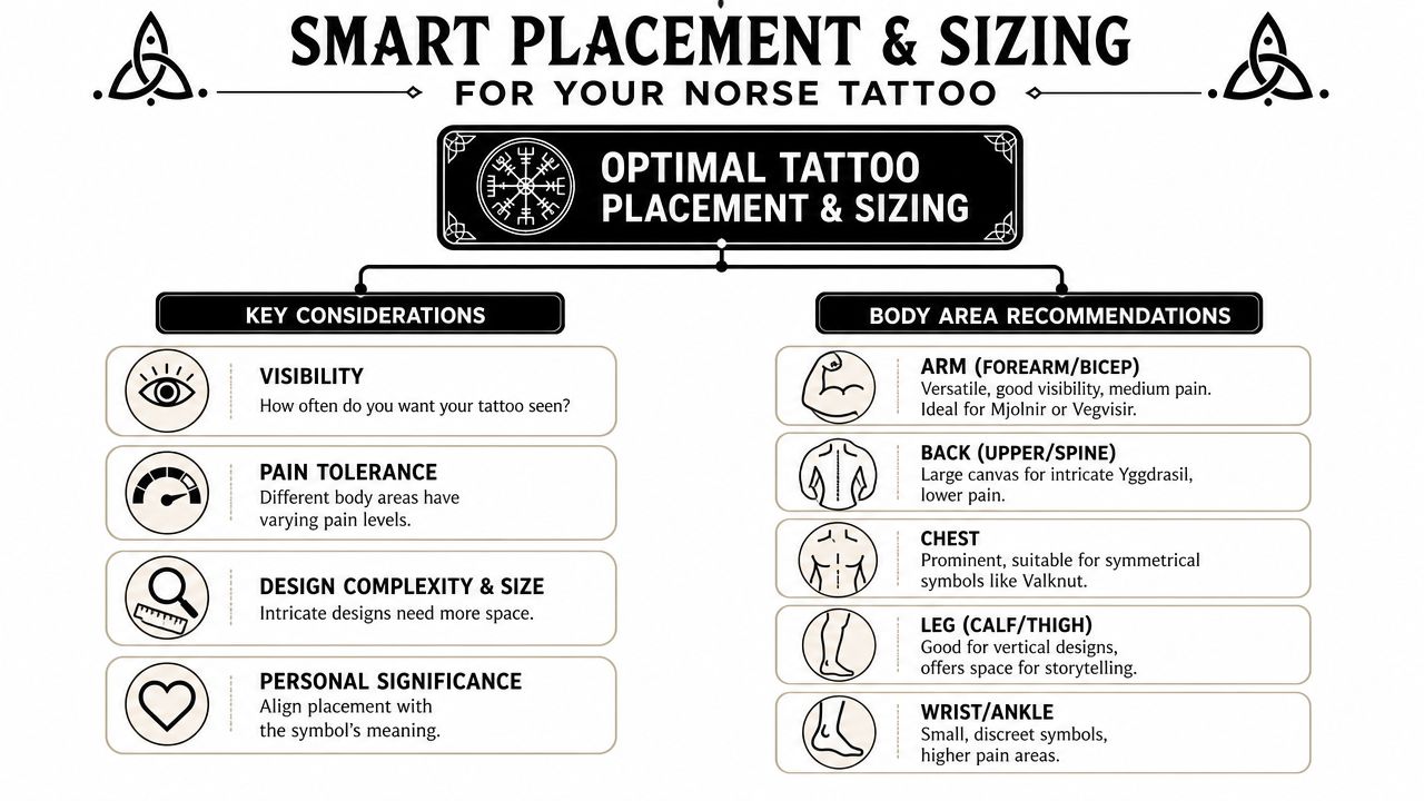 An infographic detailing optimal tattoo placement and sizing recommendations for traditional Norse mythology tattoo designs.