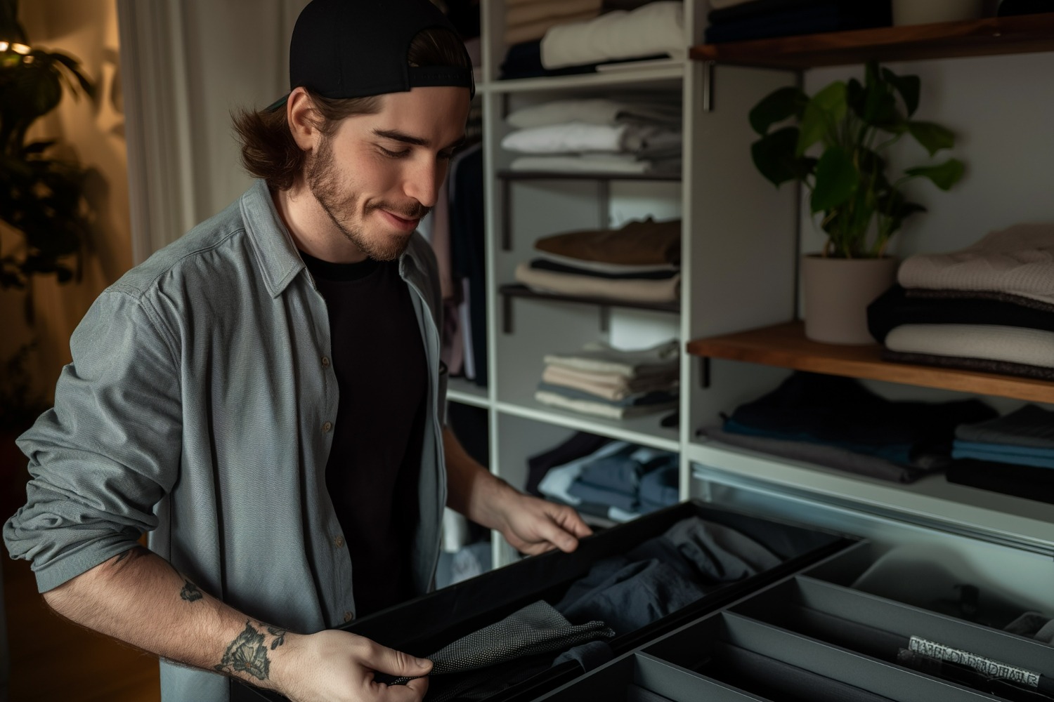 A man wearing a cap in an opposite direction checking the contents of a drawer he has opened