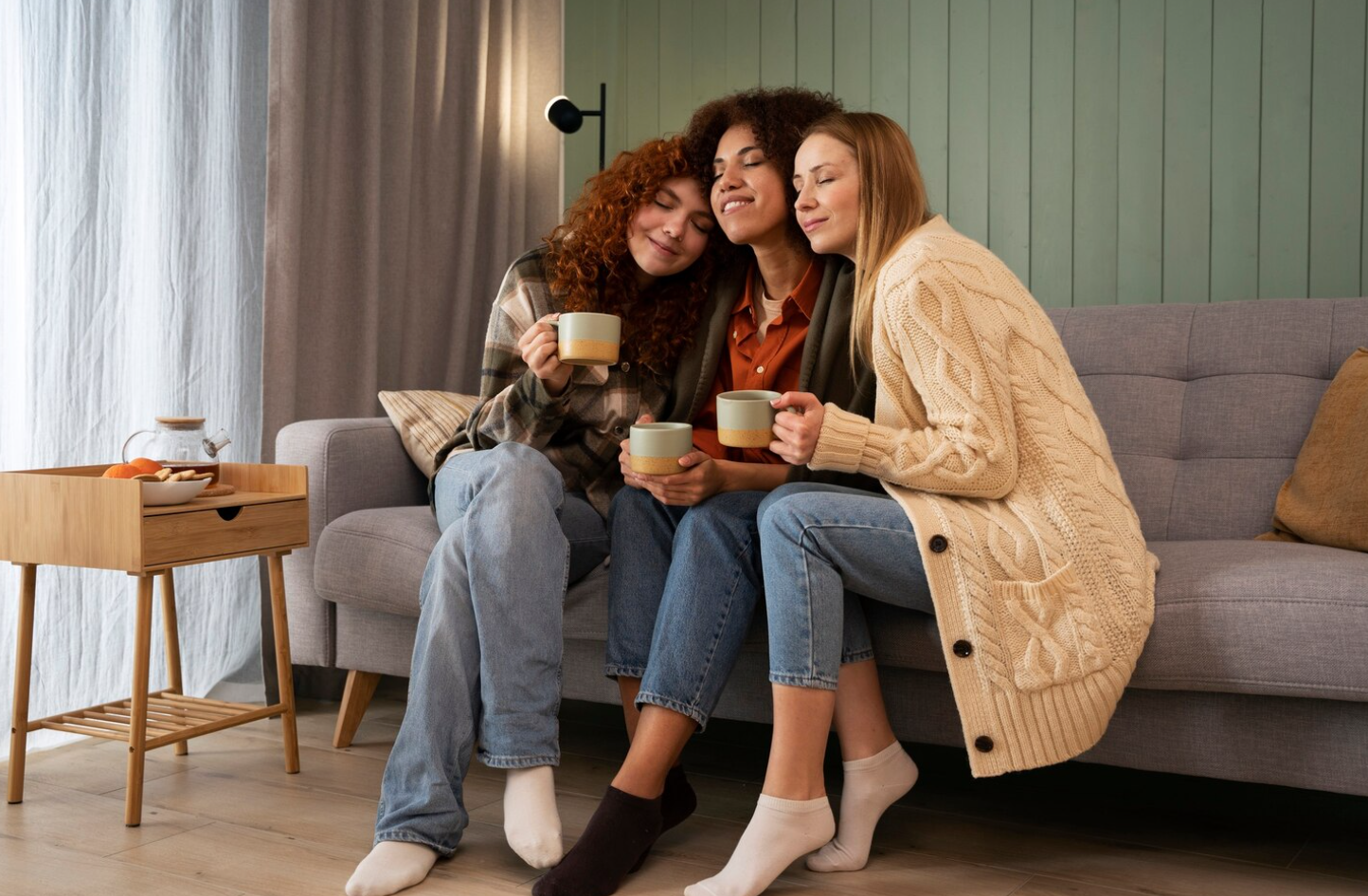 Three female friends leaning on each other and sitting on a couch while holding cups of coffee
