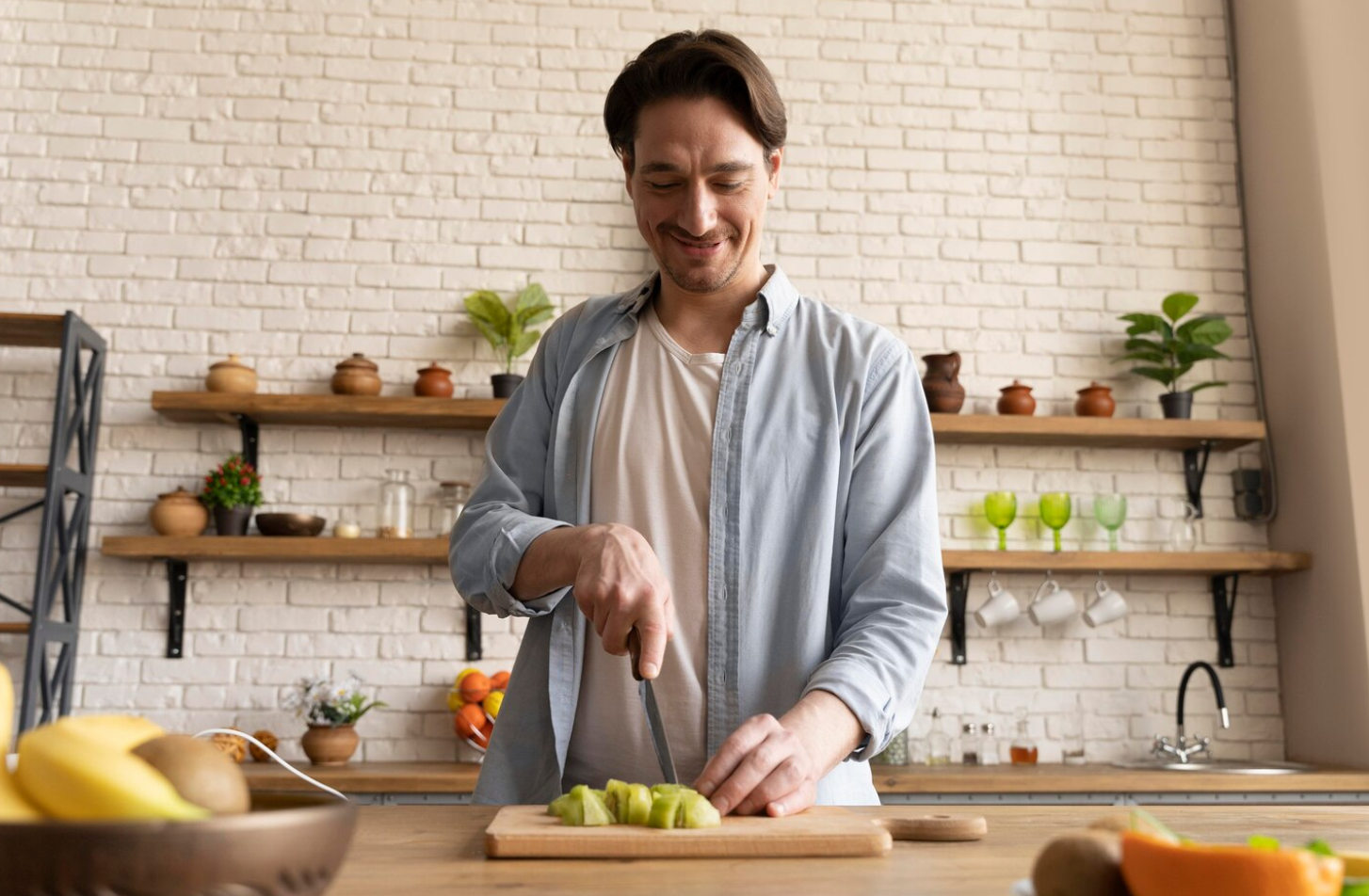 A man in relaxed clothes cutting fruits in a cozy kitchen