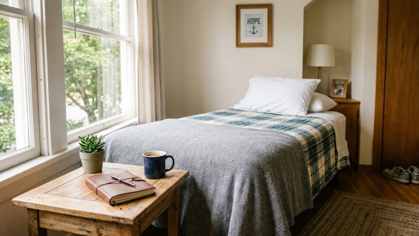 A clean and welcoming bedroom in a sober living home in Portland, Oregon.