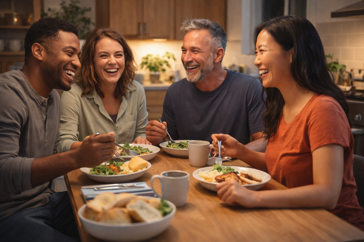 Residents building community and connection over a shared meal in a Portland sober living home.