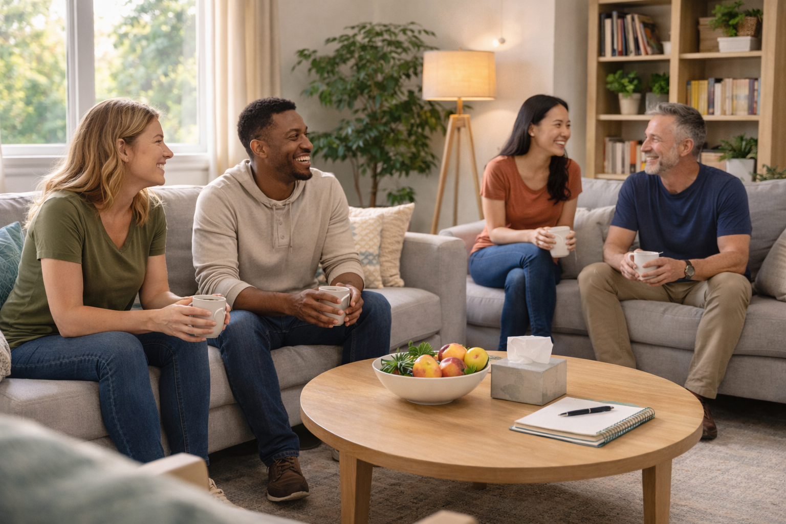 Residents in a recovery housing participating in a supportive group conversation and a peer recovery meeting