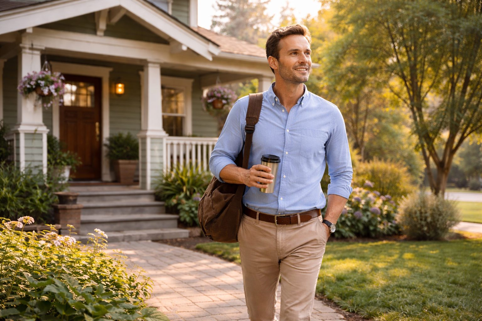 Resident leaving recovery housing for work, representing stability, routine, and rebuilding life after addiction