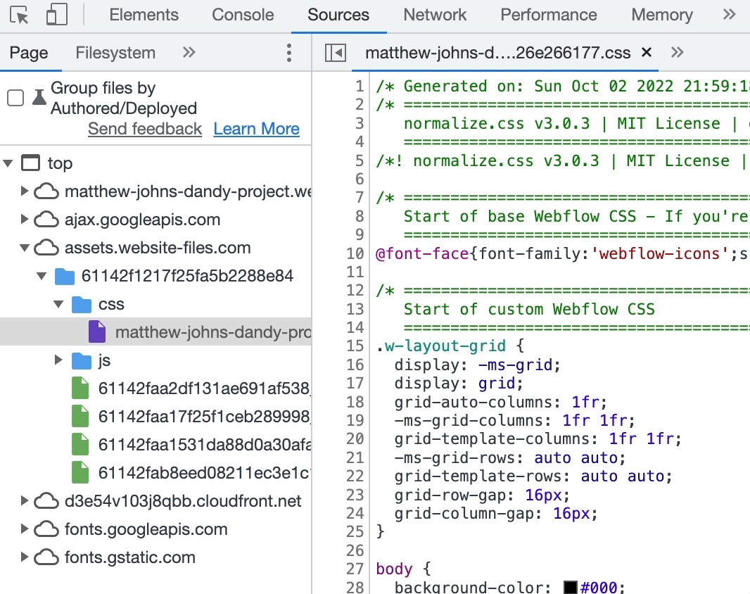 View of the "Sources" tab in the browser console displaying the CSS file within the "assets.website-files.com" source.