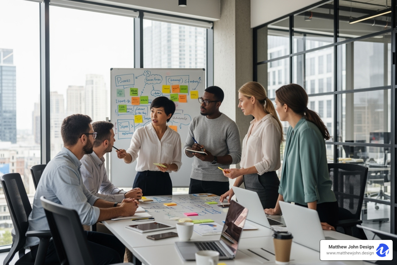 a team in a strategy workshop with sticky notes on a whiteboard - 5 elements of user experience