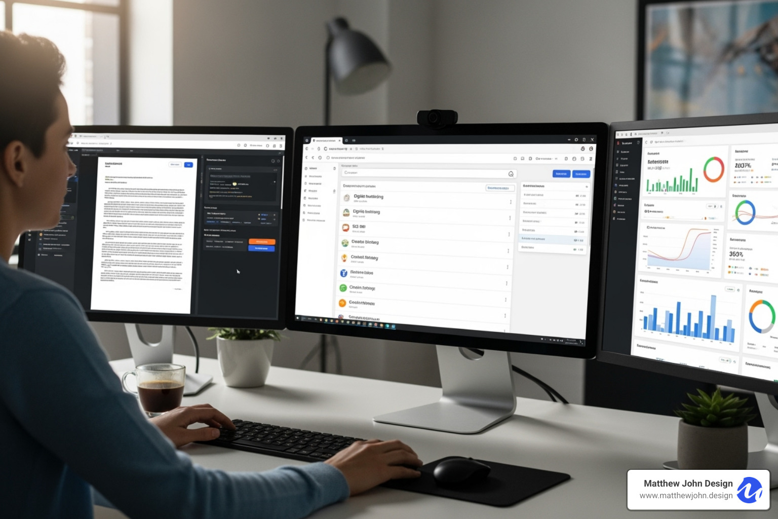 a person at a desk with multiple screens showing keyword research, a document, and analytics - what is seo content creation
