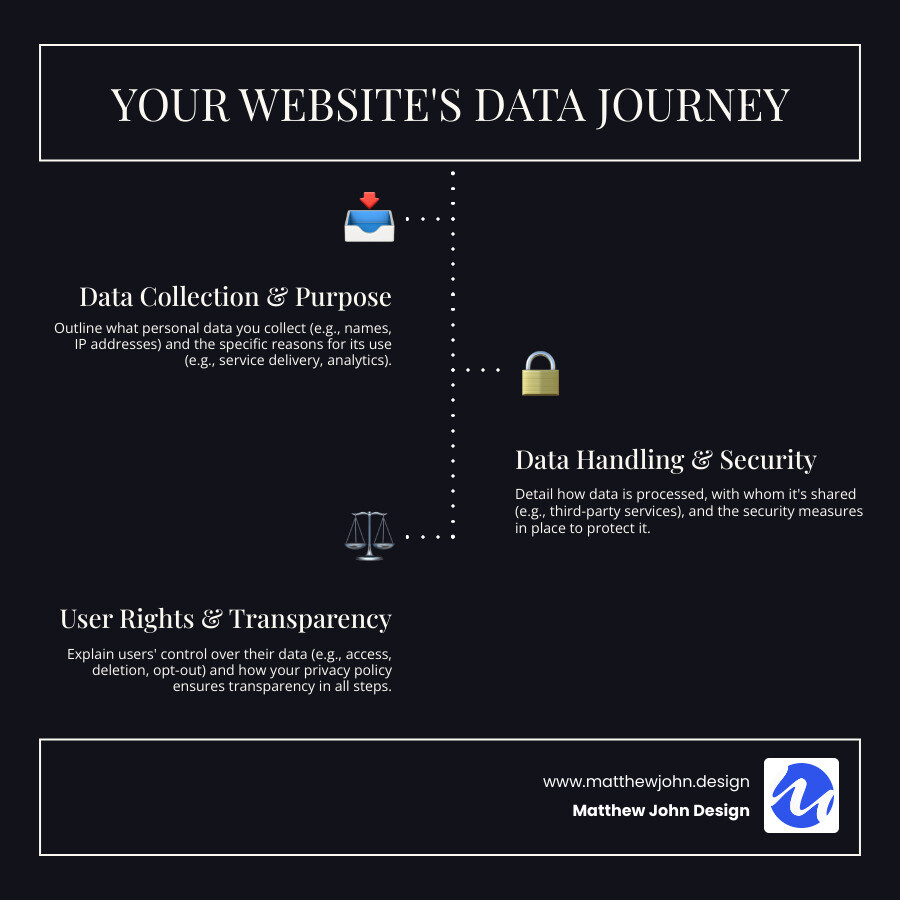 Infographic explaining the flow of user data from collection to use and the role of a privacy policy - standard privacy policy for websites infographic infographic-line-3-steps-dark