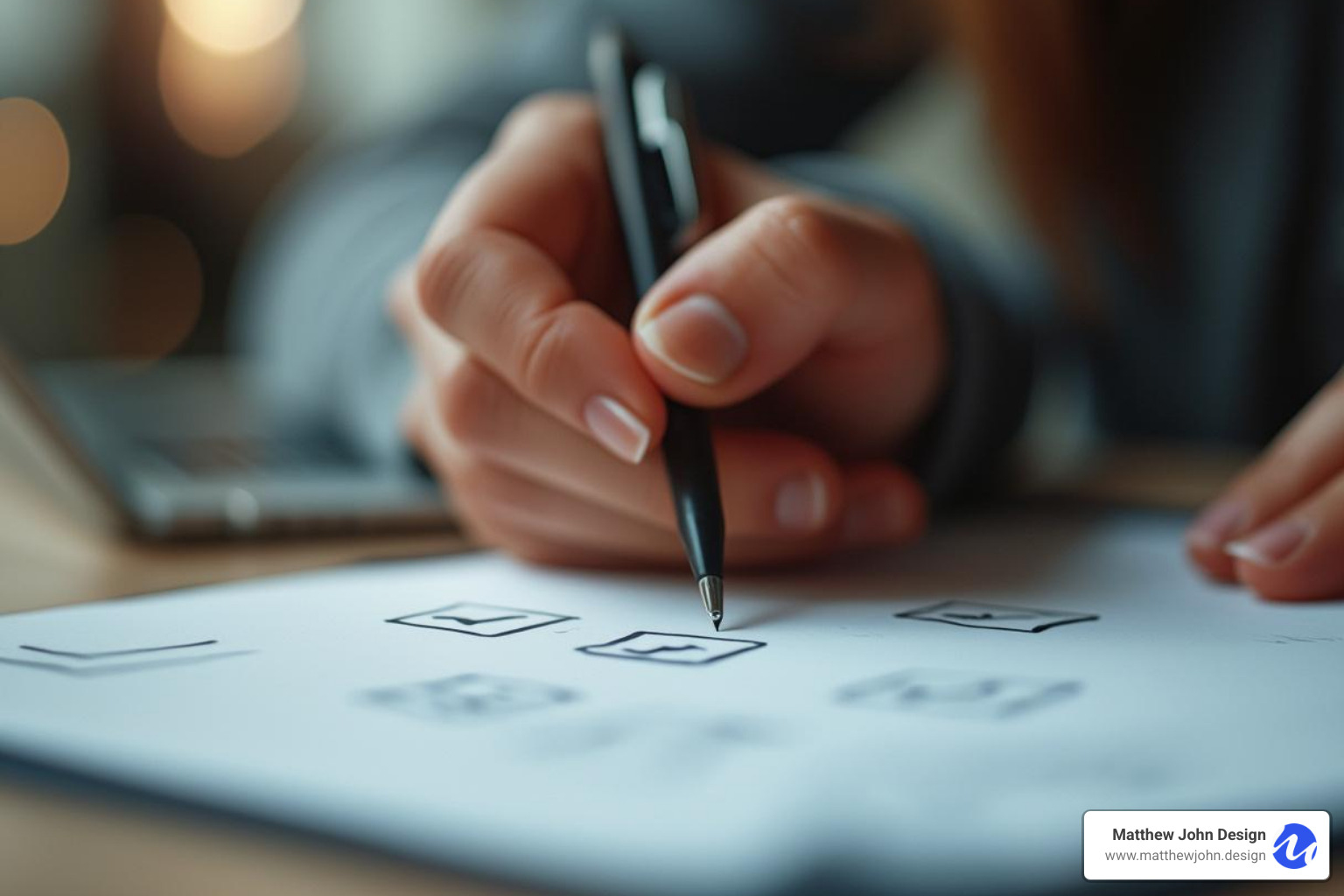 person at a desk writing, with checklist icons - standard privacy policy for websites