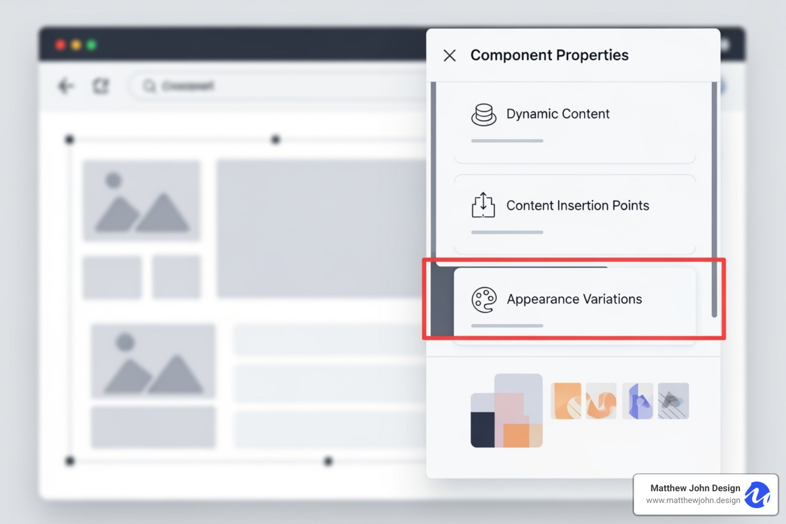 Image of the Component Properties panel in Webflow's right-hand sidebar, showing options for props, slots, and variants - Webflow reusable components