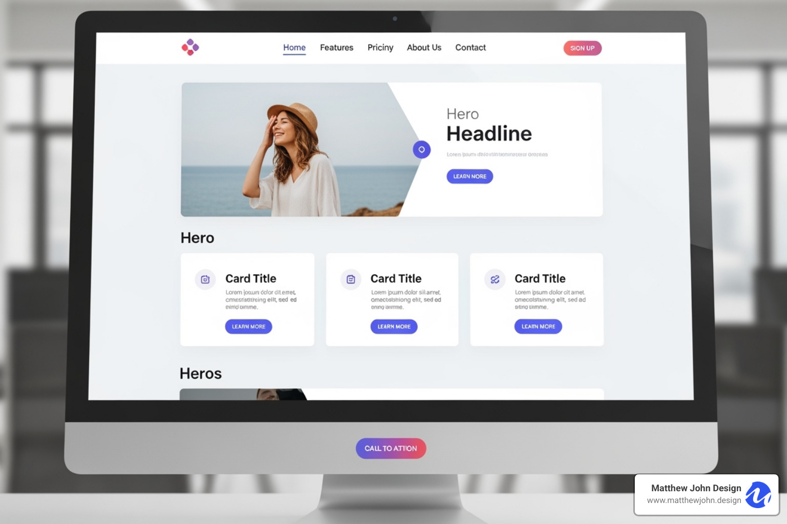 A visually appealing website design showcasing repeated elements like cards, buttons, and navigation bars, demonstrating consistency - Webflow reusable components
