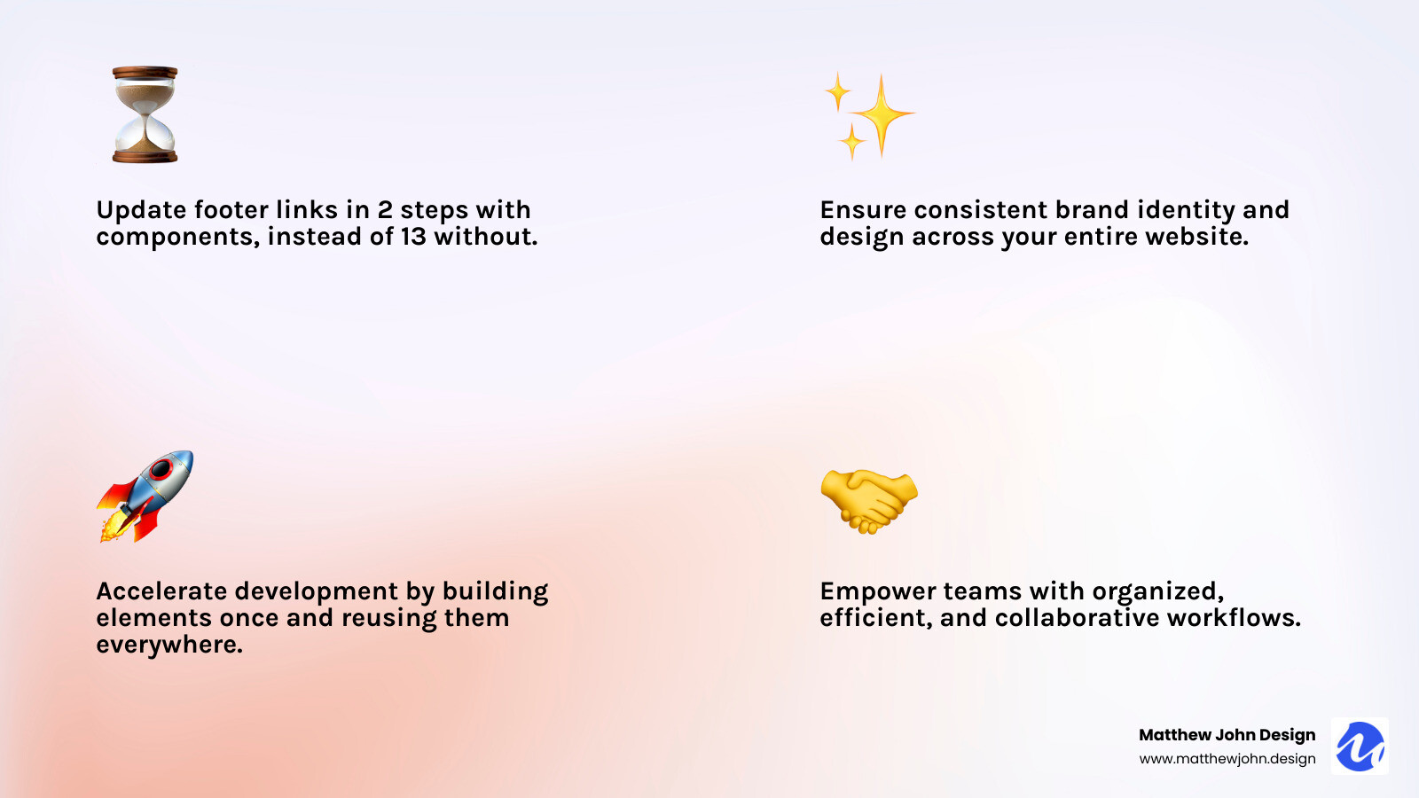 Infographic showing the efficiency of using Webflow reusable components versus manual updates, illustrating time saved and consistency achieved - Webflow reusable components infographic 4_facts_emoji_light-gradient