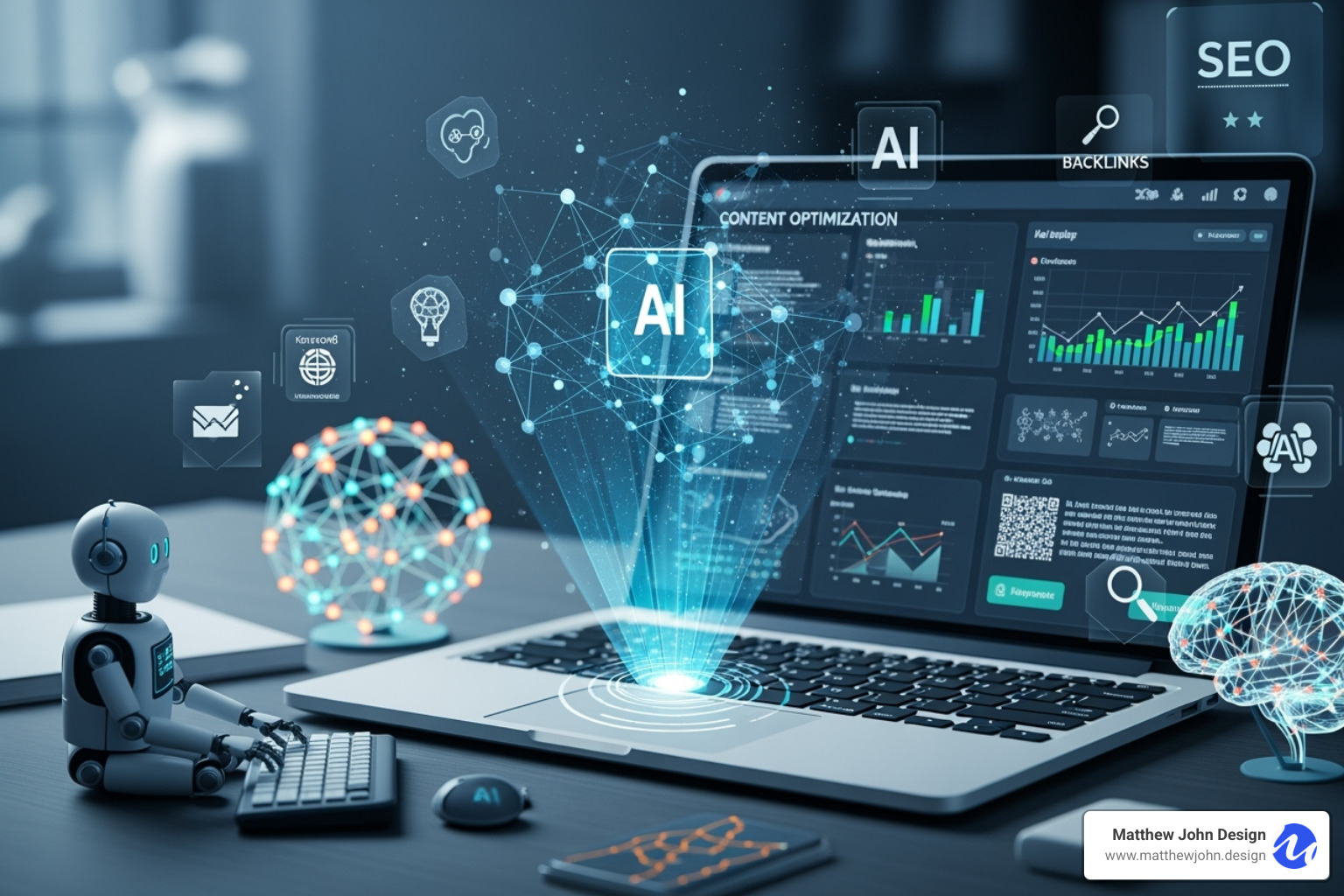 Dashboard showing AI modules for research, writing, and optimization in SEO content creation