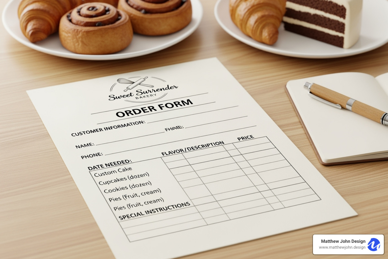 A side-by-side comparison of a cluttered, text-heavy order form versus a clean, visually appealing, and mobile-optimized bakery order form - bakery order form
