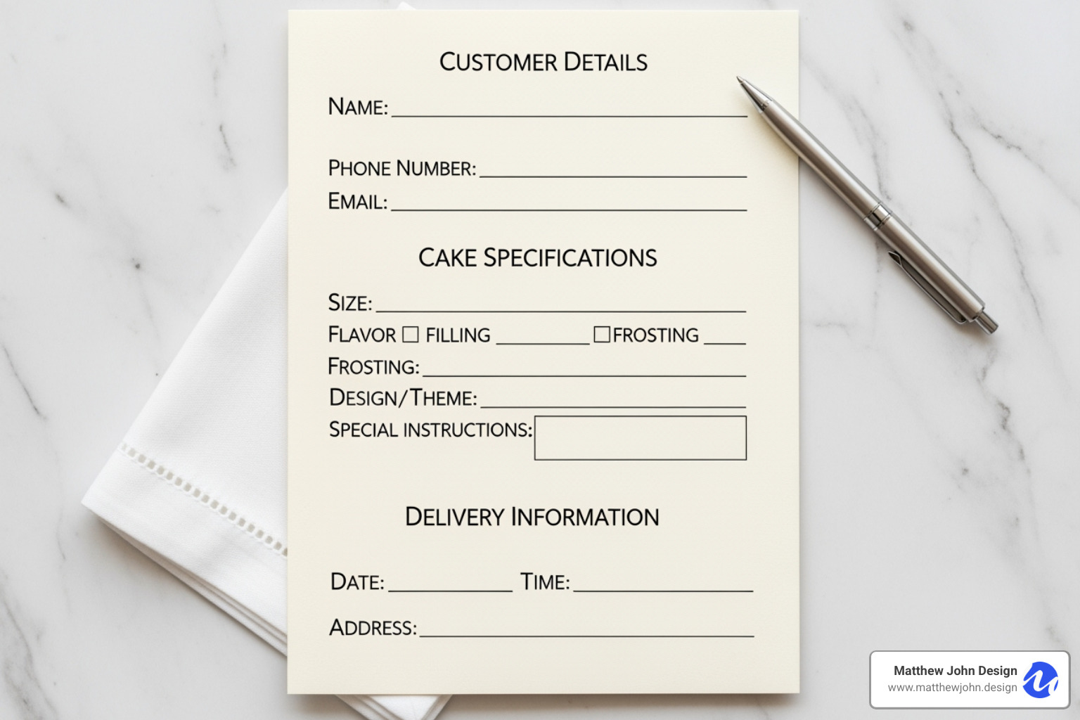 A detailed cake order form highlighting sections for customer details, cake specifications, and delivery information - bakery order form