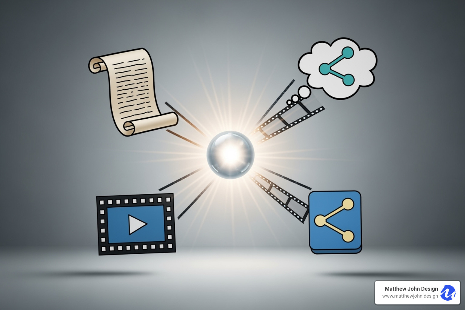 Image showing content repurposed across different platforms (blog, video, social post) - content marketing for seo ideas creation steps