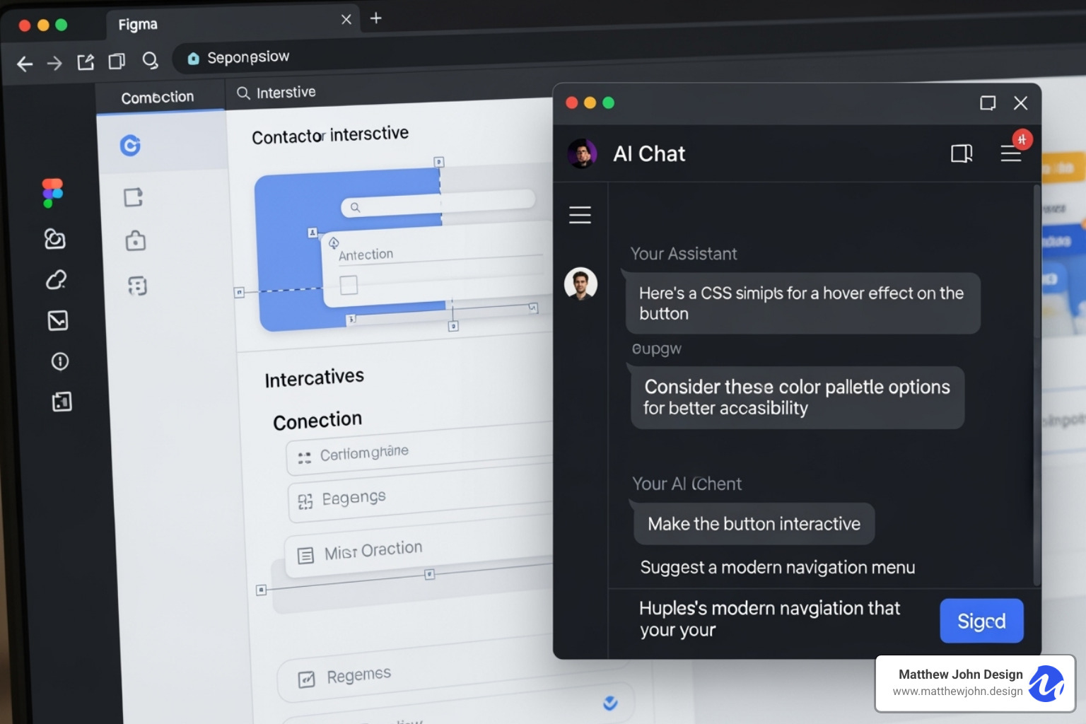 A screenshot of the Figma Make interface within Figma Sites, showing an AI chat prompt being used to generate custom interactive elements for a website. - figma interactive website