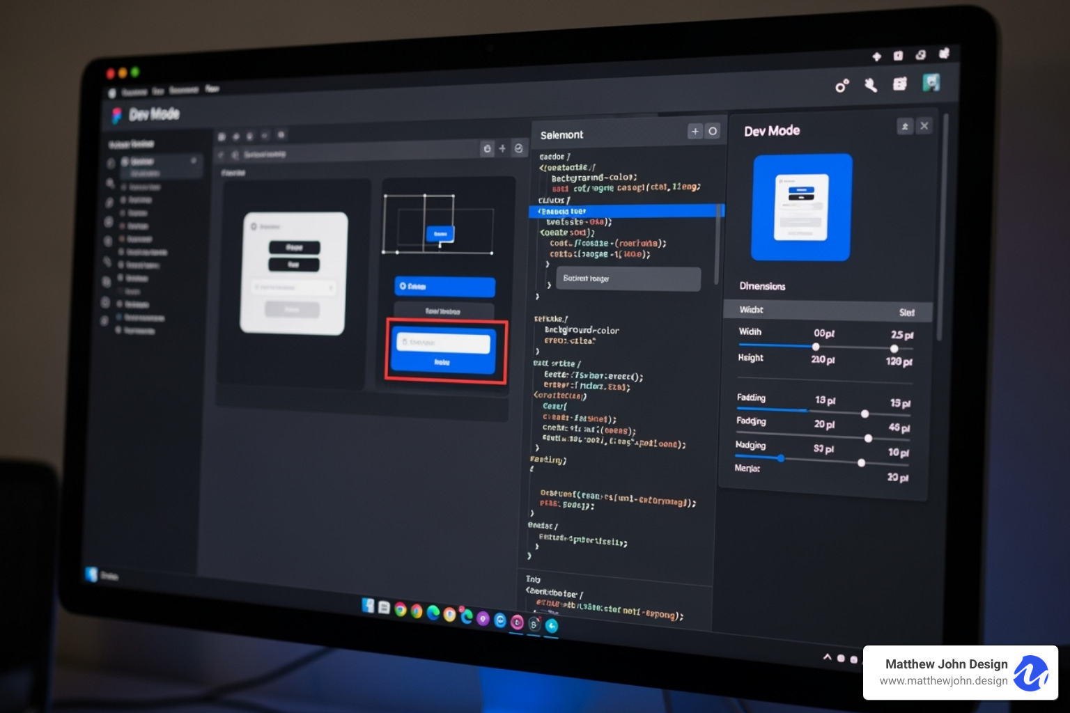 A screenshot of Figma's Dev Mode interface, showing a designer inspecting an element and viewing its automatically generated CSS code, measurements, and export settings. - figma interactive website