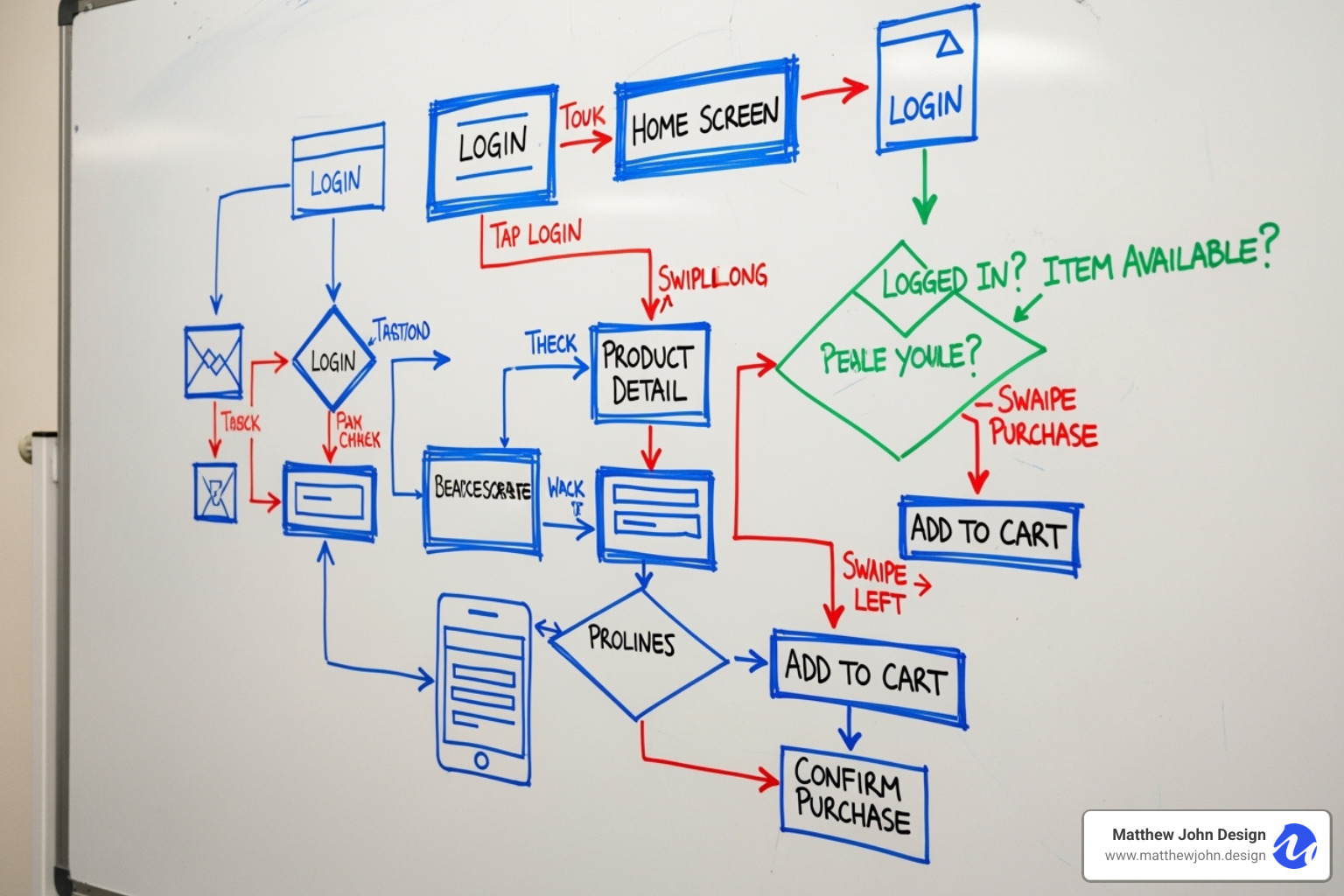 of a user flow diagram sketched on a whiteboard - designing an interactive website for prototyping