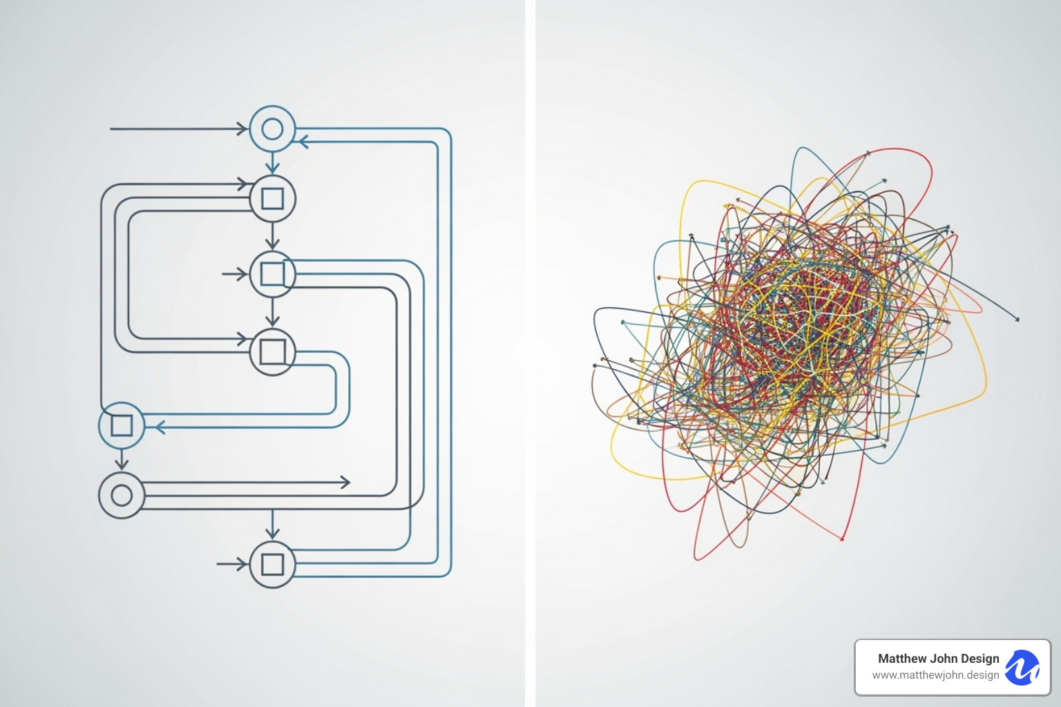 A comparison image showing a clear, well-designed flowchart on the left with good spacing, readable text, and clear paths, versus a cluttered, confusing one on the right with overlapping lines, tiny text, and inconsistent symbols - how to design interactive flowcharts for website