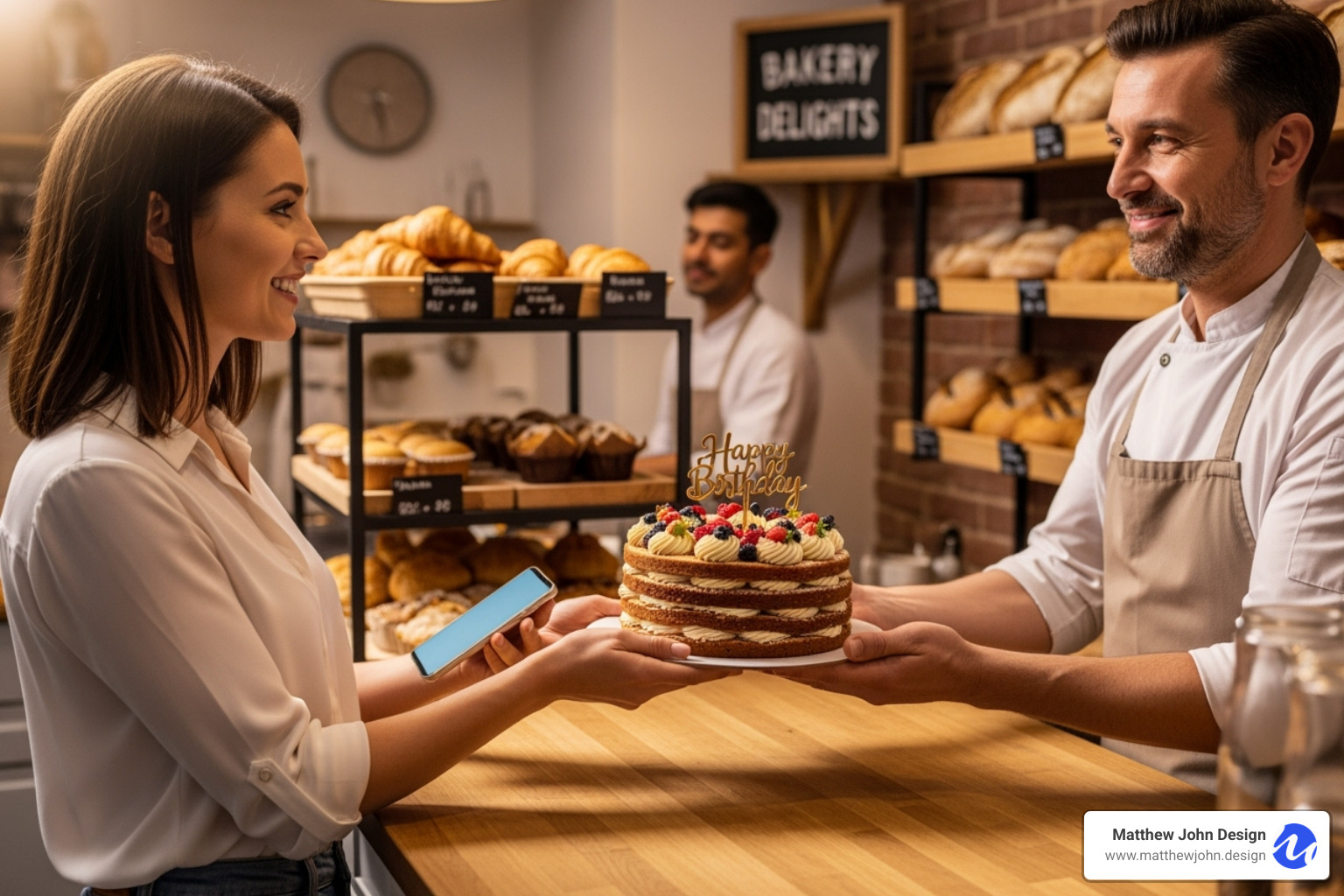 a customer happily purchasing a cake after seeing it on social media - bakery social media