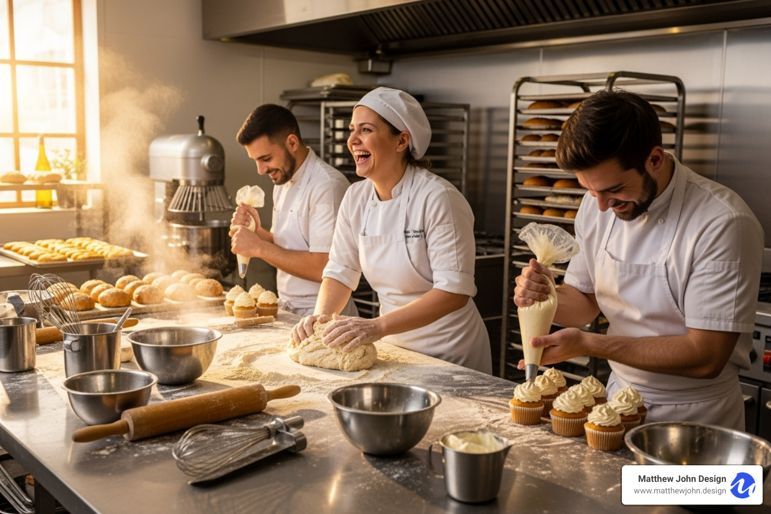 a messy but happy kitchen scene during production - bakery social media