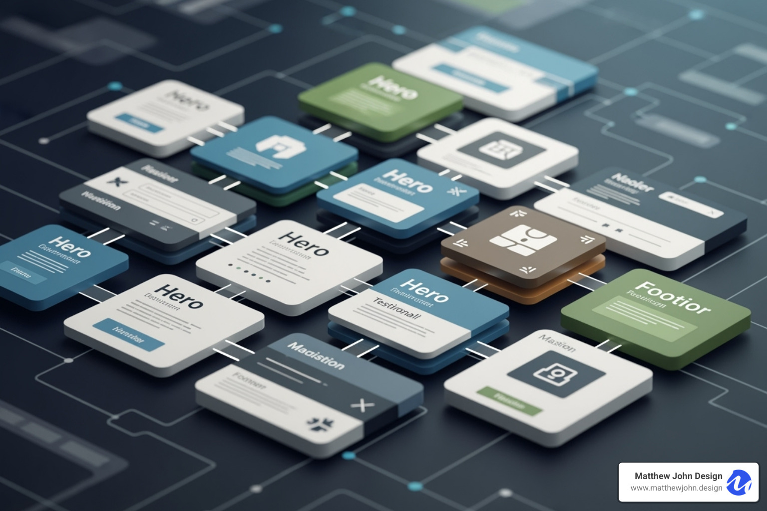A clean, modern portfolio website using a bento-style grid with different sized content cards - Webflow modular design