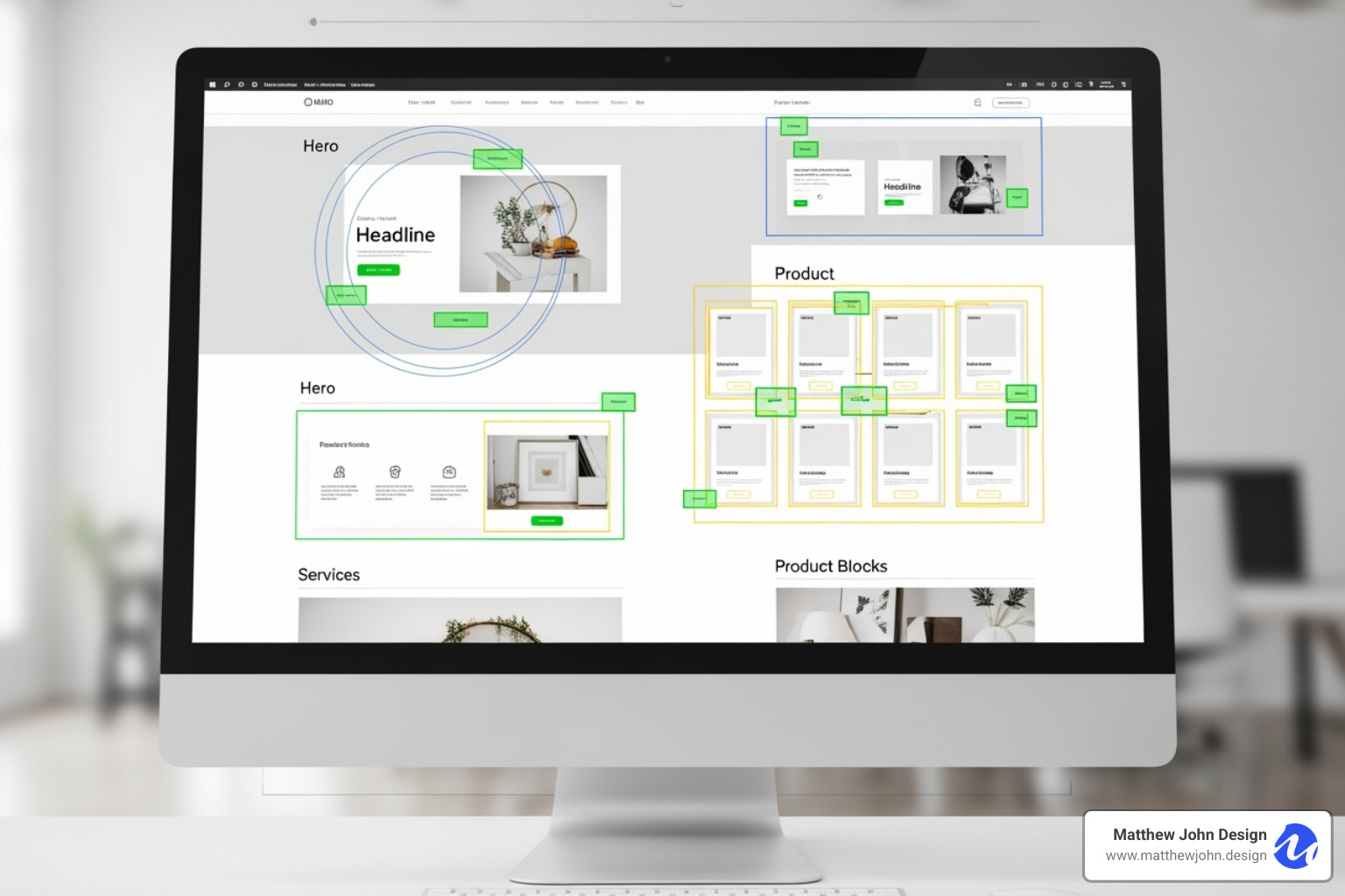 A complex, beautiful website with callouts showing how it's built from simple, reusable modules - Webflow modular design