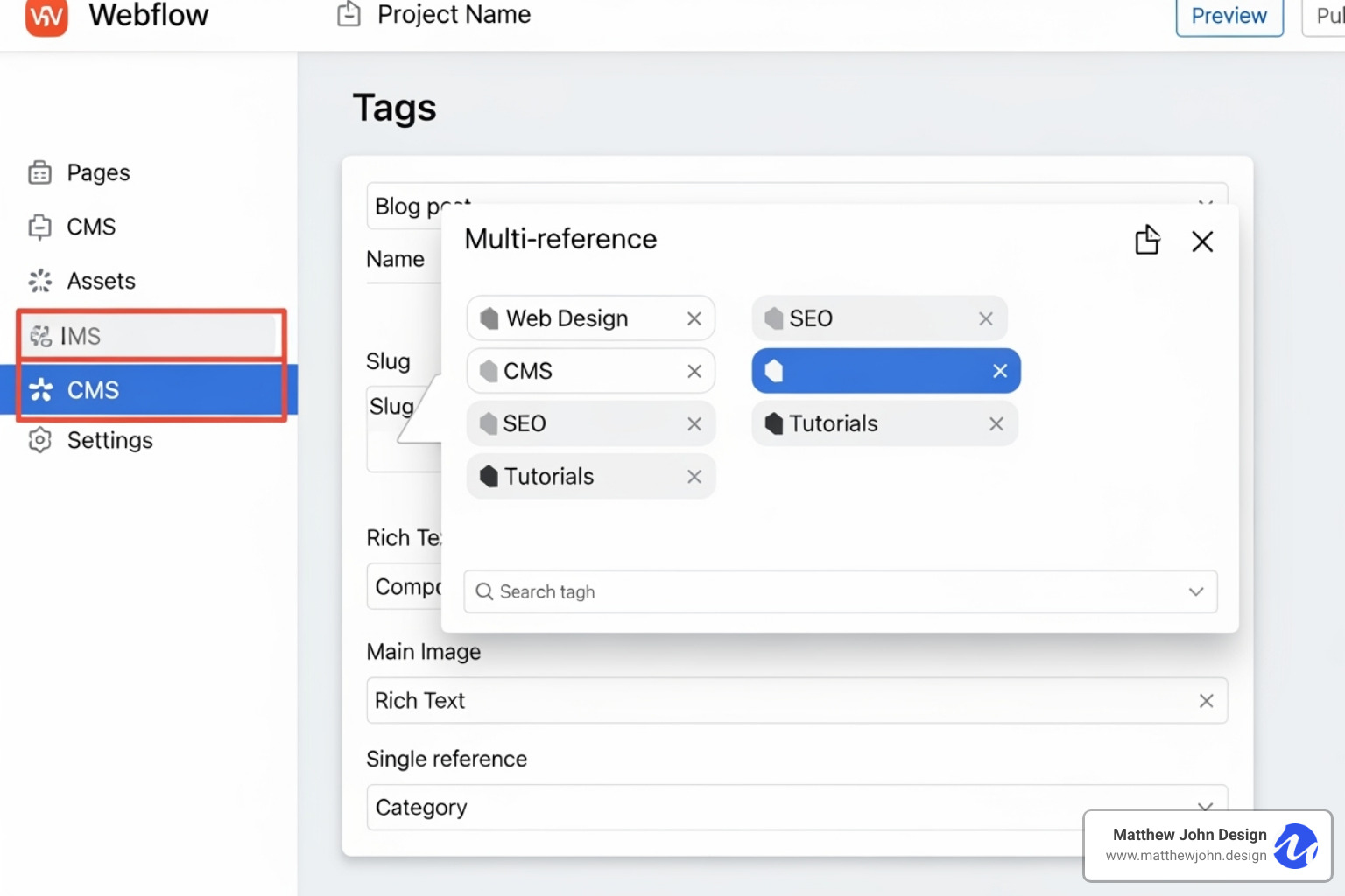 Webflow blog post's CMS fields showing the multi-reference field in action - webflow blog tags