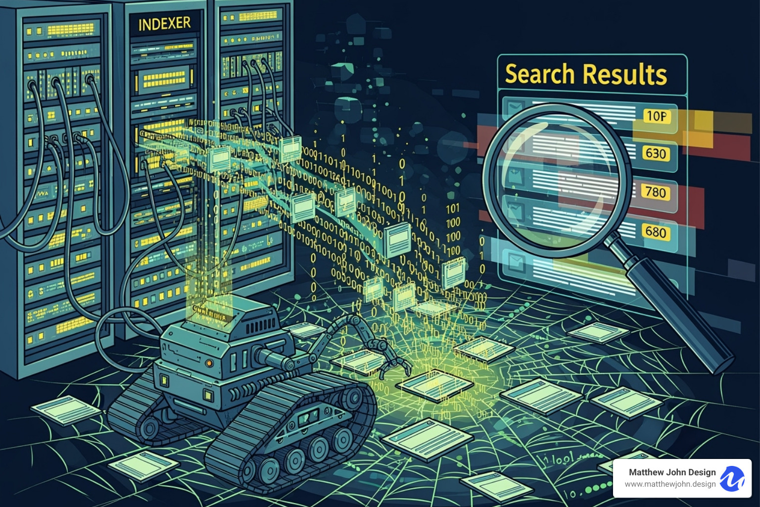 Illustration of a search engine's process: A robot (crawler) steers a web of interconnected pages, then stores data in a large server bank (indexer), and finally, a magnifying glass points to a ranked list of results (ranking) - how to incorporate seo principles into content creation