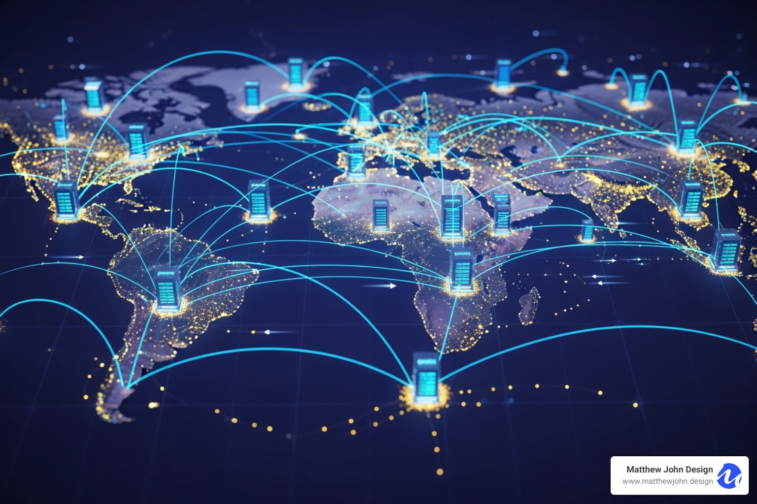 Illustration showing a Content Delivery Network (CDN) with servers distributed globally, delivering content quickly to users based on their nearest server location - webflow performance