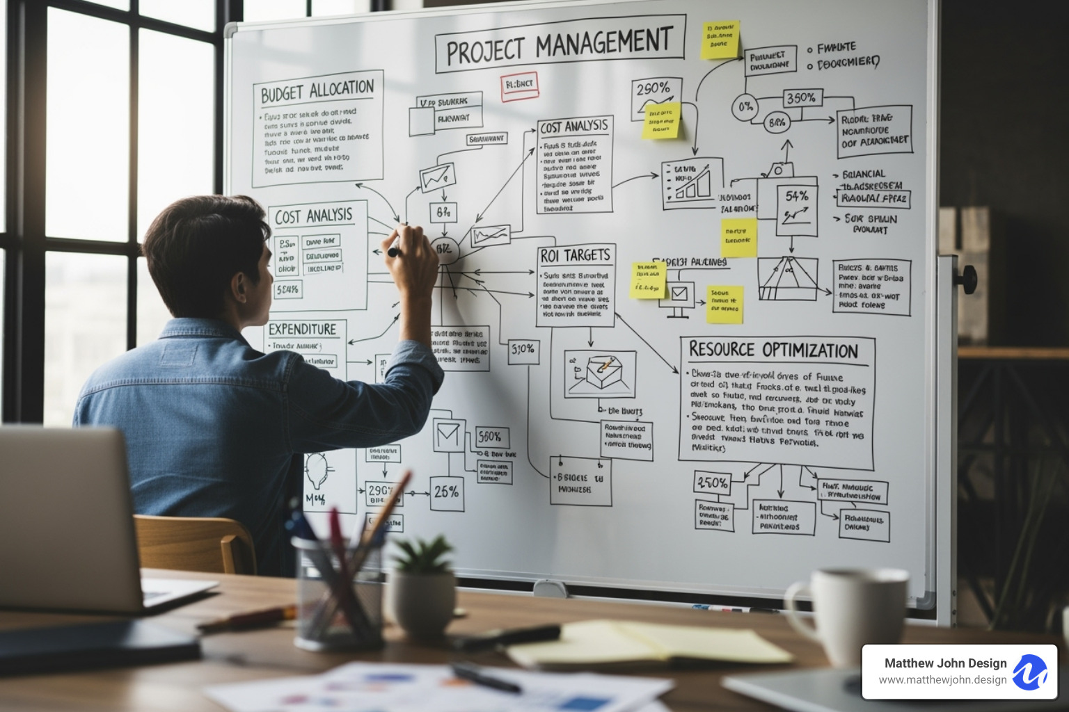 person planning a project on a whiteboard with budget-related notes - affordable website redesign