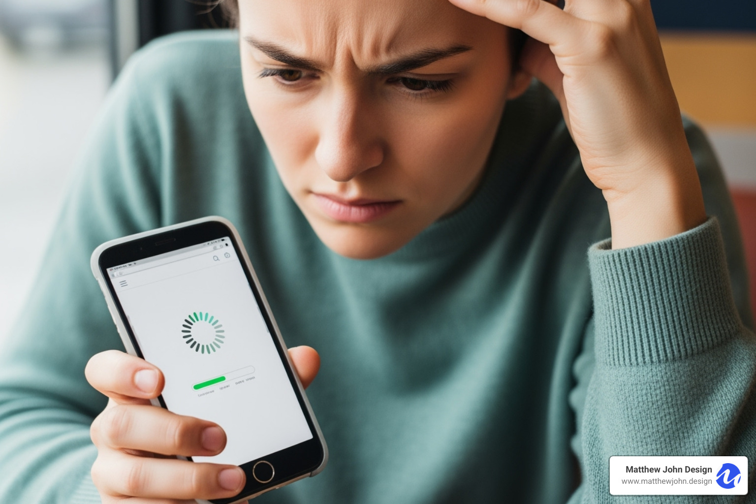 person looking frustrated at a slow-loading website on their phone - affordable website redesign
