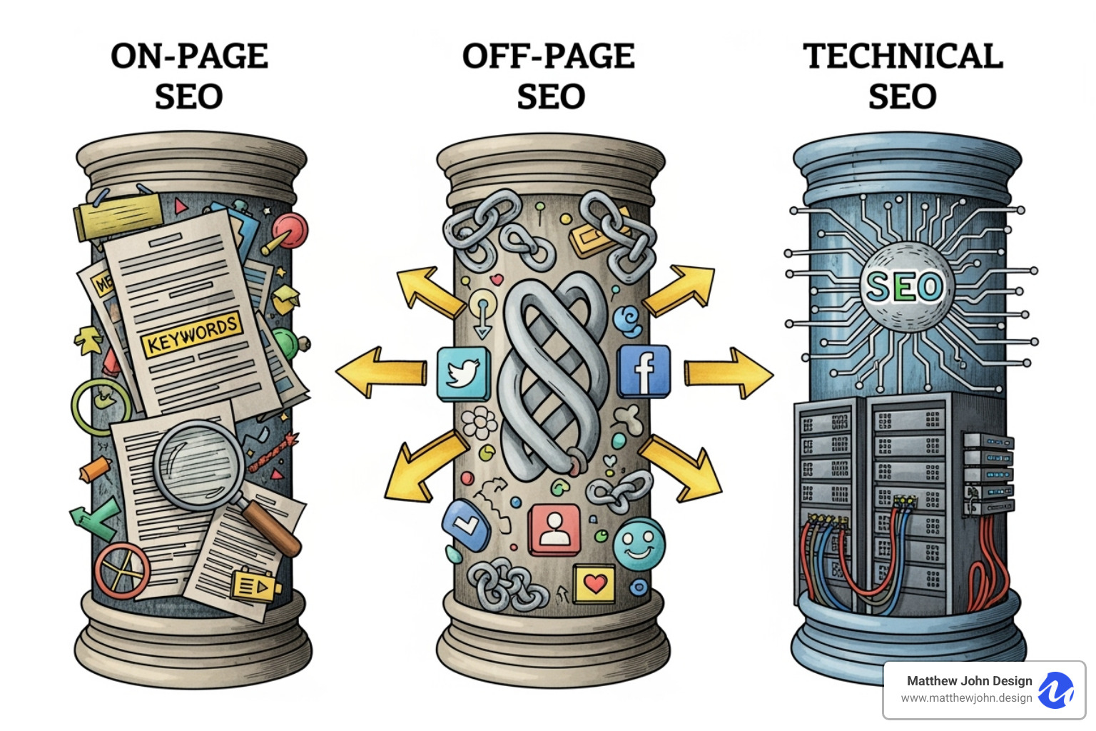 three columns illustrating on-page SEO, off-page SEO, and technical SEO - what does seo stand for