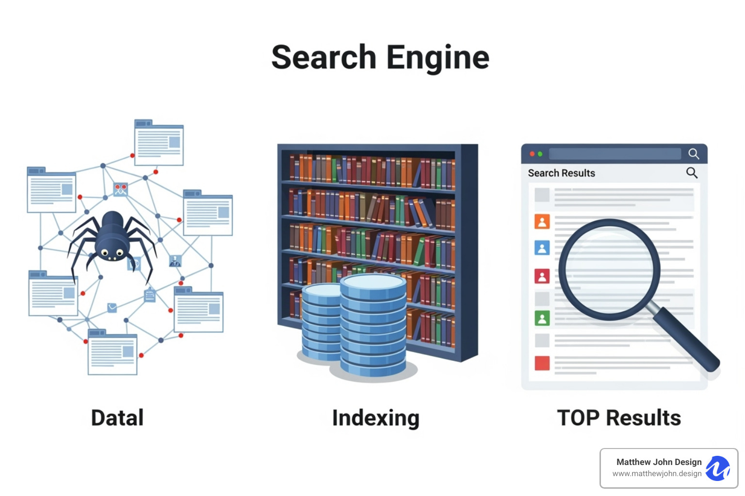 illustration of search engine crawling, indexing, and ranking process - what does seo stand for