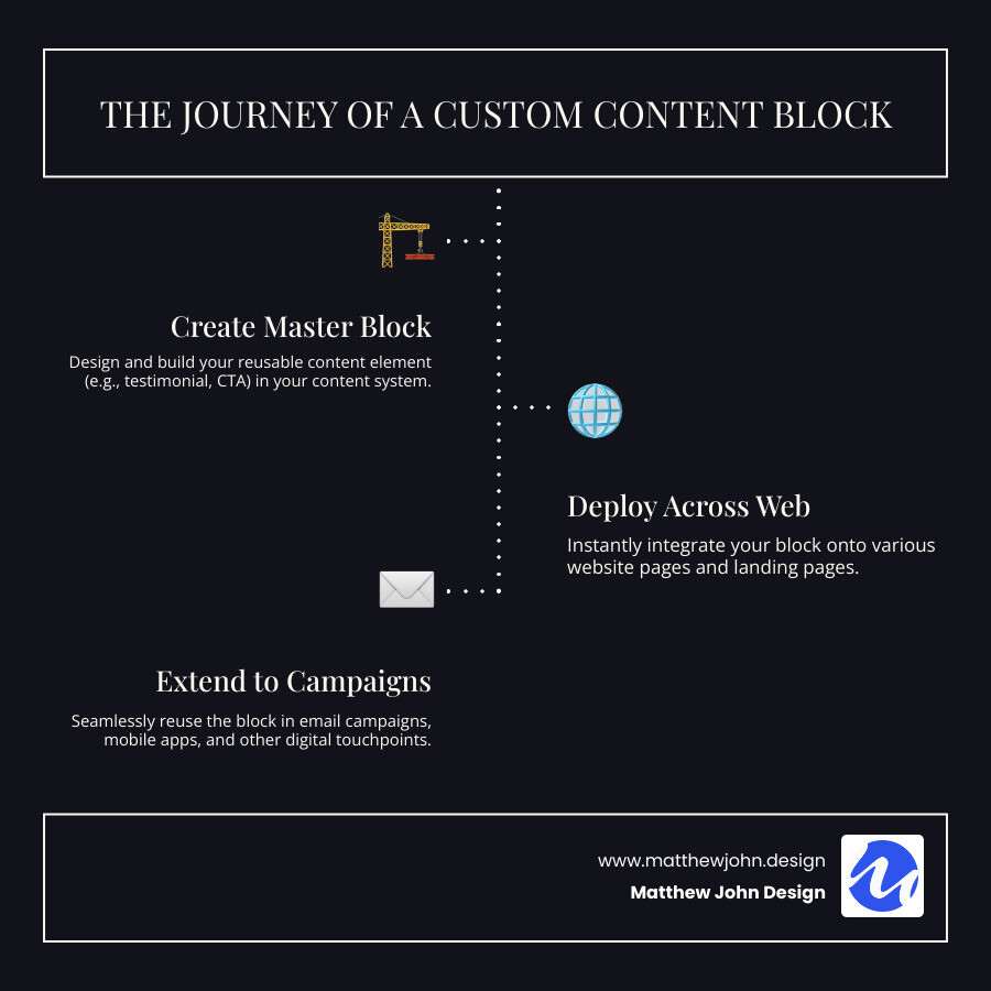Infographic showing the workflow of creating a single custom content block (testimonial card) in a content management system, then displaying arrows pointing to multiple usage locations: a website landing page, an email newsletter template, and a mobile app screen, demonstrating how one block can be reused across different platforms and touchpoints - Custom content blocks infographic infographic-line-3-steps-dark