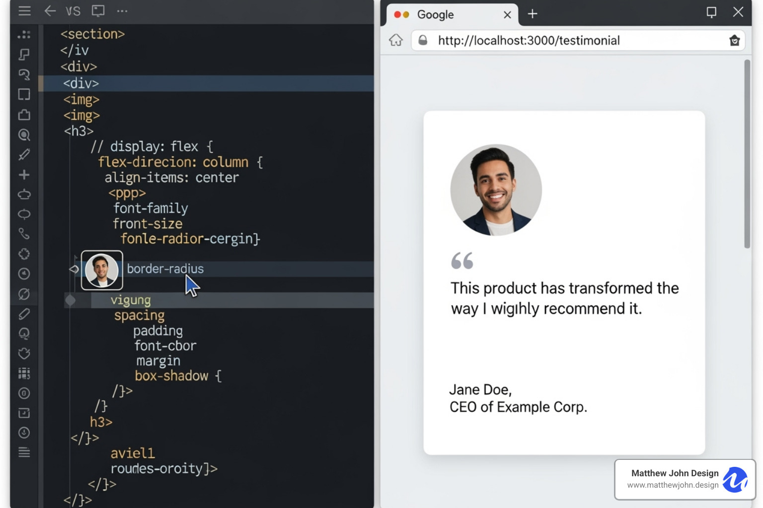 Split-screen view showing a code editor on the left with HTML/CSS for a content block (e.g., a testimonial card) and a visual preview on the right displaying the rendered testimonial card in a web browser, highlighting the immediate feedback loop during development - Custom content blocks