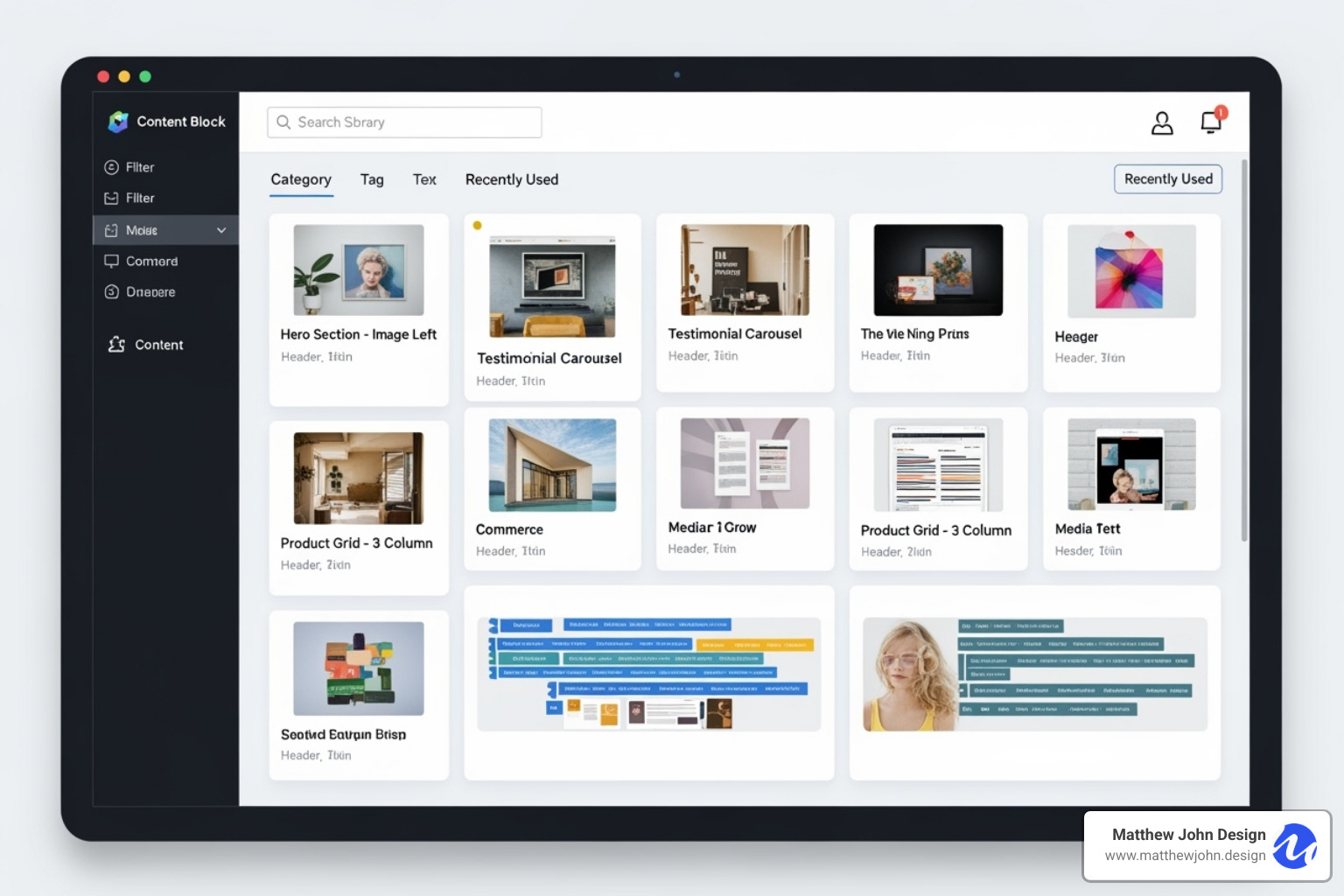 Well-organized content block library with clear names, tags, and thumbnails, displayed in a grid layout - Custom content blocks