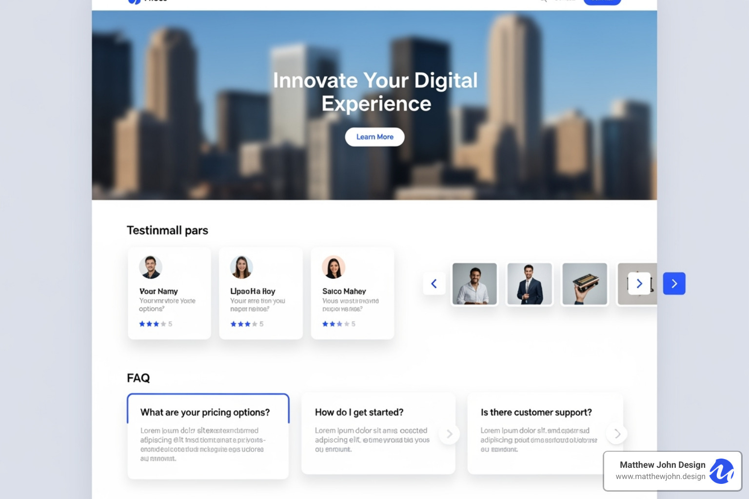 Complex page layout built entirely from different nested and repeated custom blocks, showcasing a hero section, a grid of testimonials, a carousel of featured products, and an accordion FAQ section - Custom content blocks