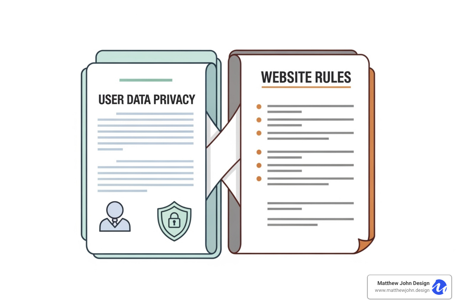 A Venn diagram illustrating the relationship between Privacy Policy and Terms and Conditions. The left circle, "Privacy Policy," contains "Data Collection," "Data Usage," "User Rights," and "Legal Requirement." The right circle, "Terms and Conditions," contains "User Conduct," "Disclaimers," "Intellectual Property," and "Business Protection." The overlapping center section, labeled "Legal Framework," contains "Transparency" and "Risk Mitigation." - Website Policies Templates