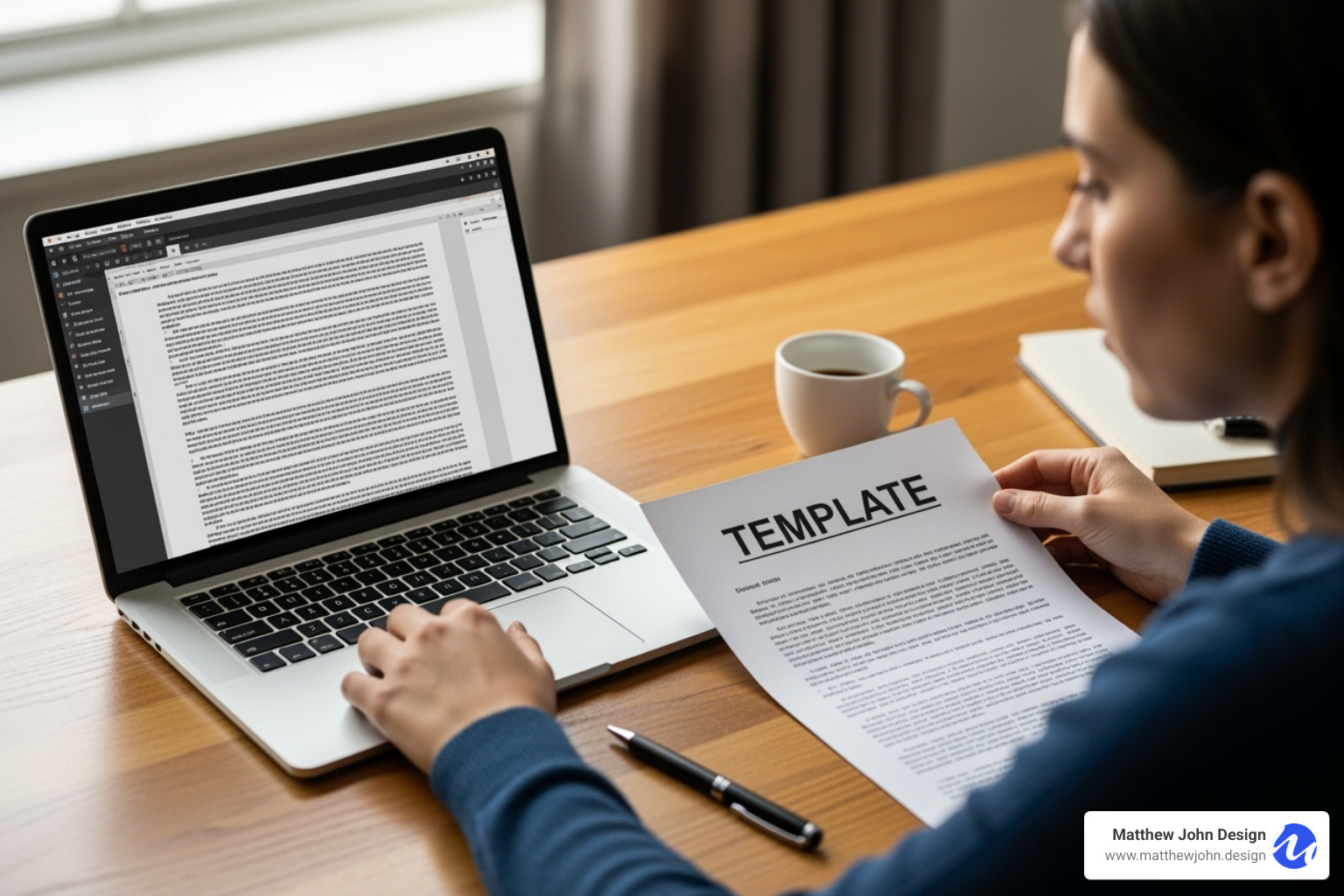 A person sitting at a desk, looking at two documents side-by-side. One document is clearly labeled "Template" and appears generic, while the other is open on a laptop screen, suggesting a custom-written legal document. The person appears to be comparing the two, contemplating the pros and cons of each approach for website policies. - Website Policies Templates