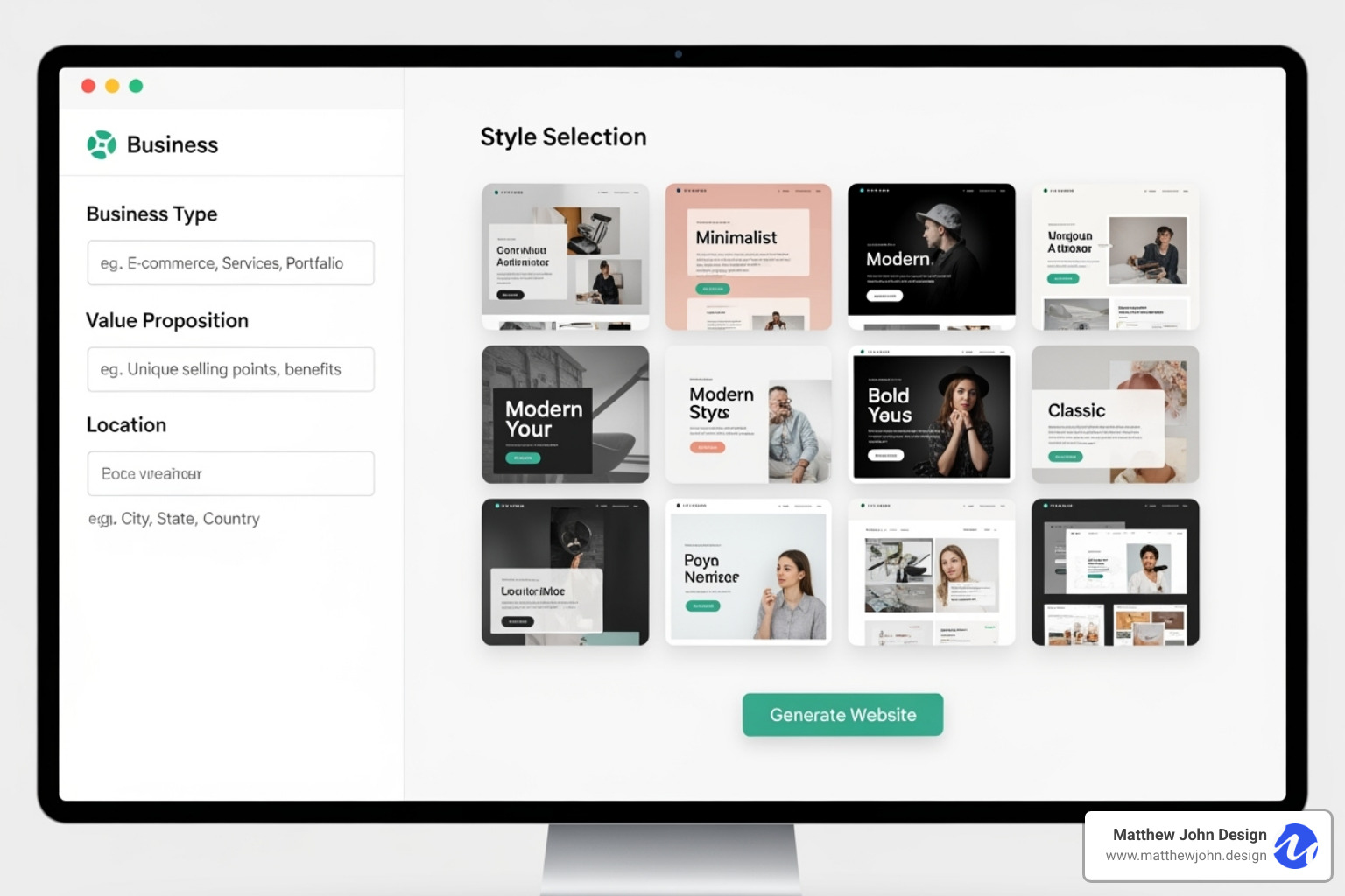 Webflow AI Site Builder's prompt and style selection interface, showing input fields for business type, value proposition, and location, along with options for selecting a theme and style - Webflow site builder