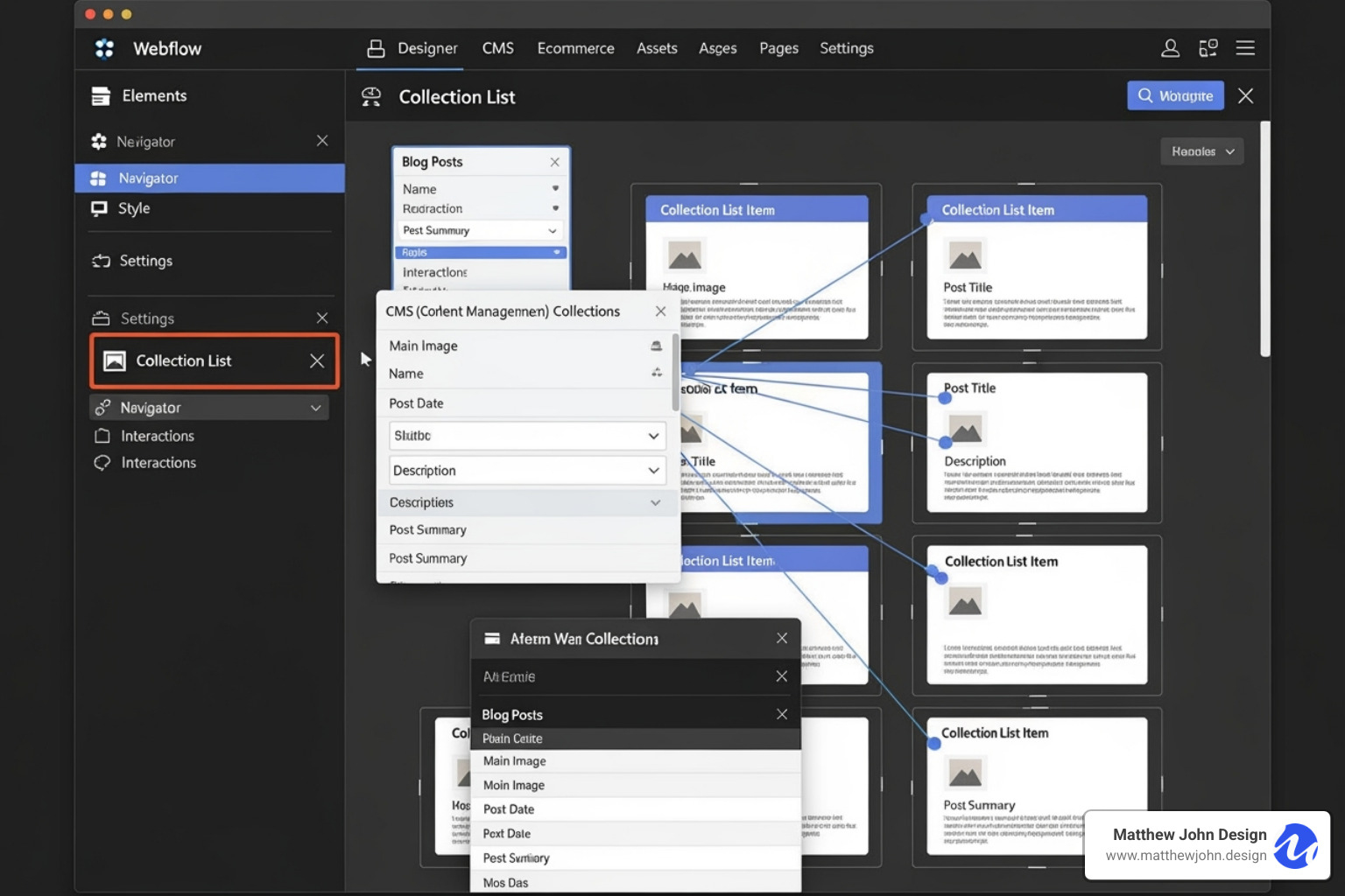 Webflow Designer showing connection between Collection List and CMS data - webflow blog tutorial
