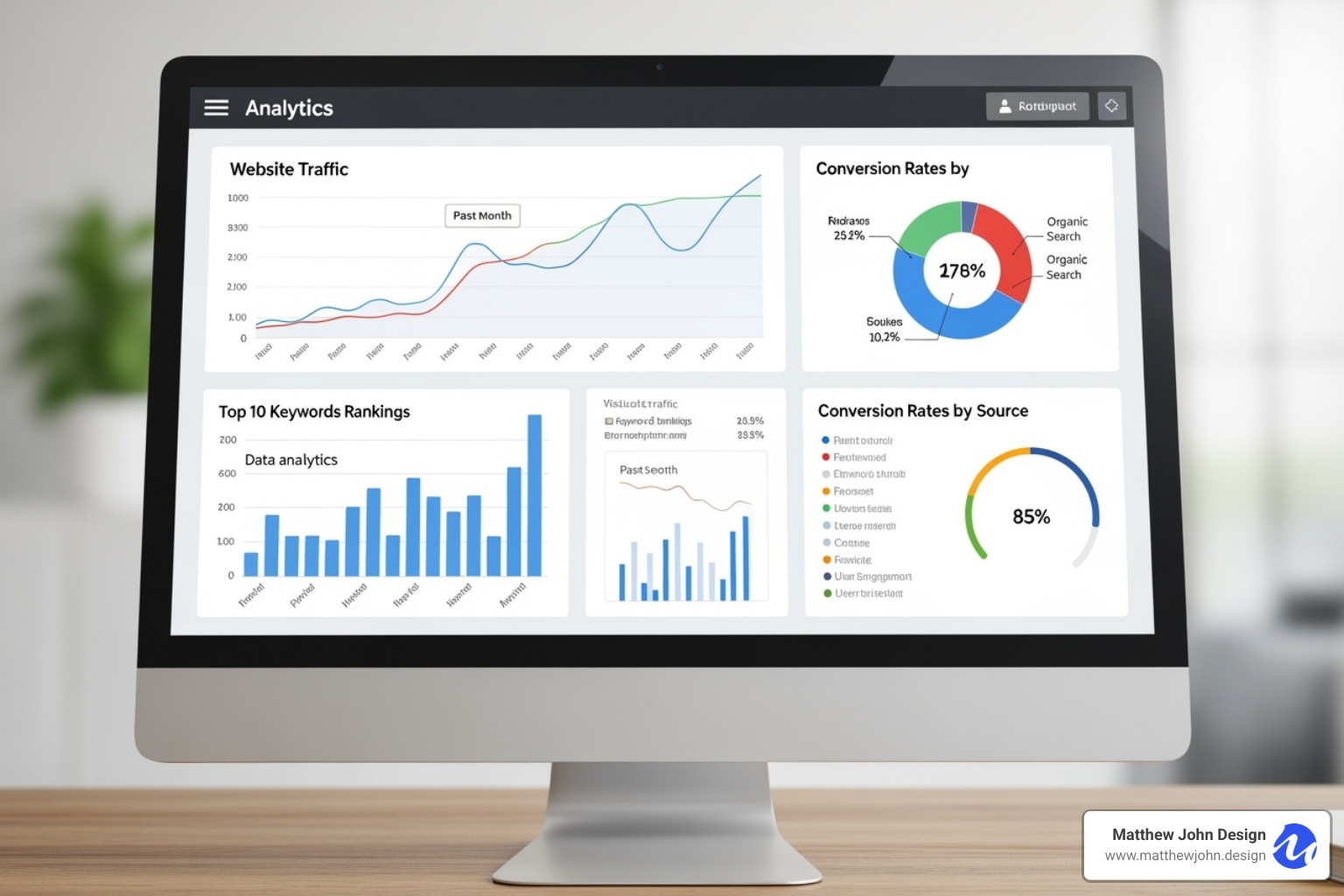 A dashboard displaying various website analytics and KPIs, including organic traffic, keyword rankings, conversion rates, and user engagement metrics - seo and content creation for small-medium enterprises A dashboard displaying various website analytics and KPIs, including organic traffic, keyword rankings, conversion rates, and user engagement metrics - seo and content creation for small-medium enterprises